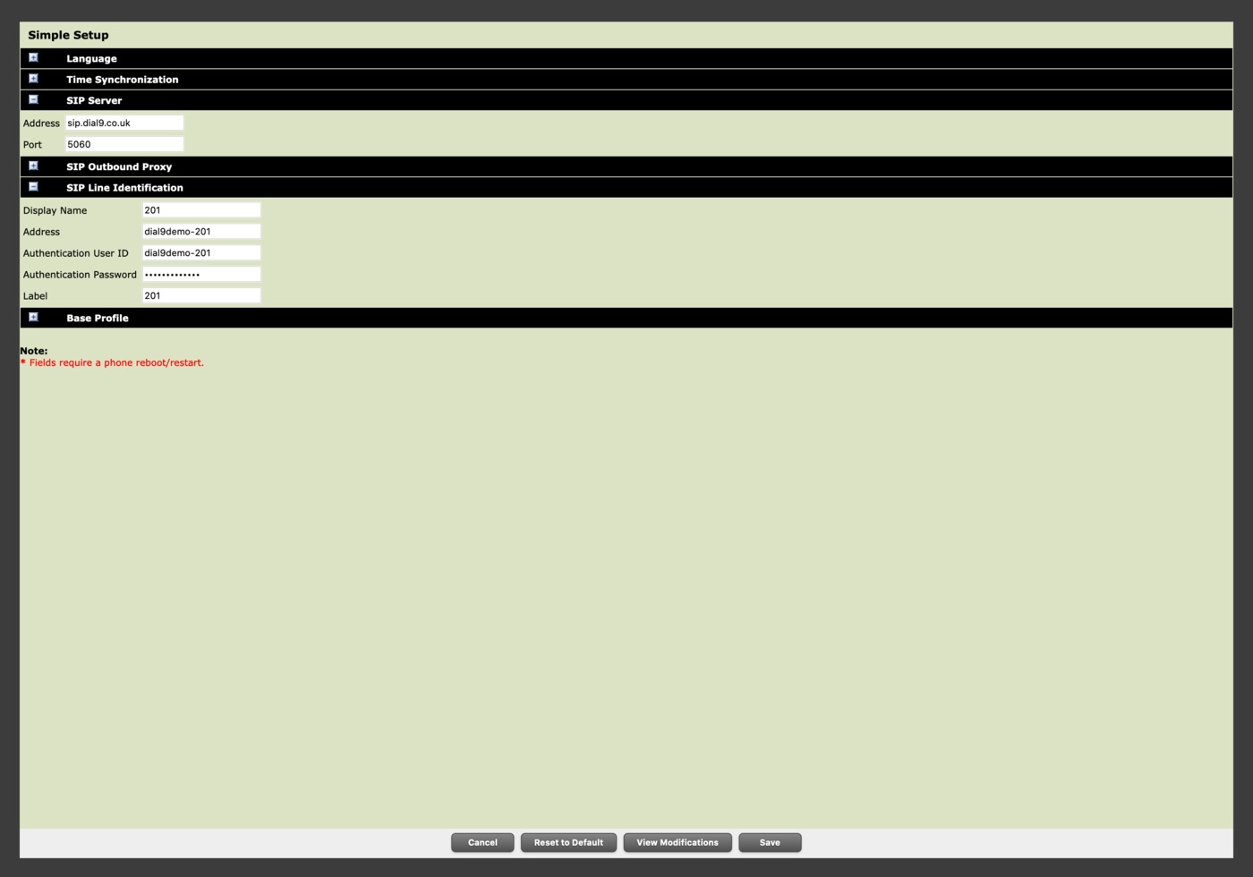 Polycom account configuration screen