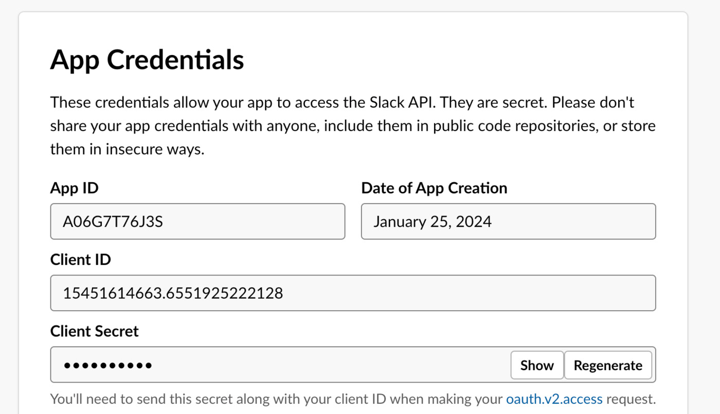 Slack client ID and secret