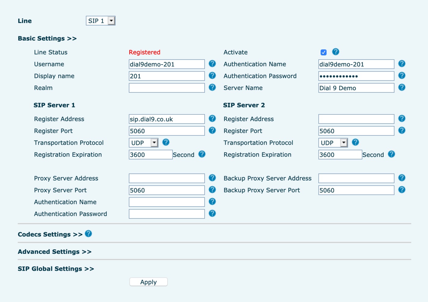 Fanvil account settings page