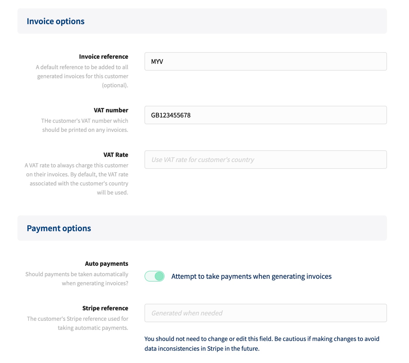 Customer billing settings