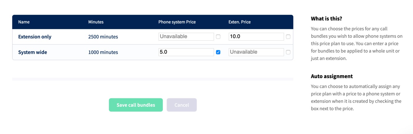 Call bundles - price plan settings