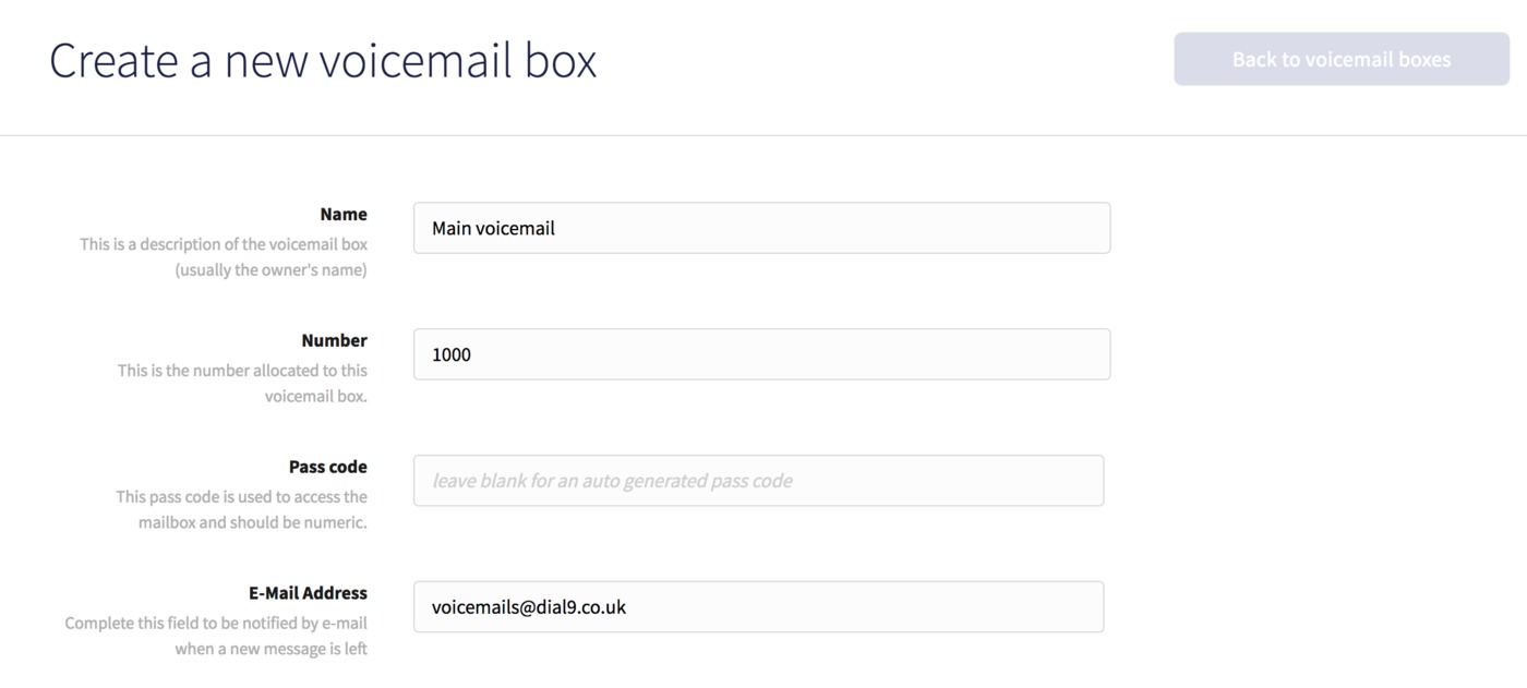 New voicemail box details