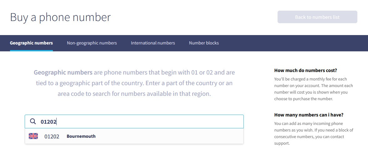 Geographic number purchase