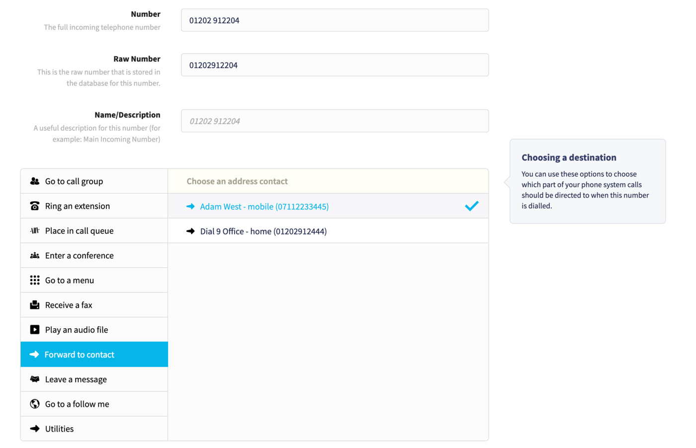 Call forwarding - update number destination