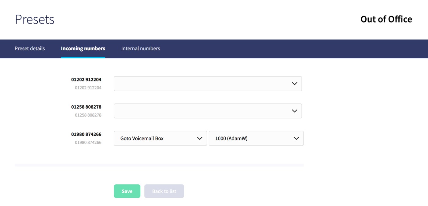 Edit preset incoming numbers