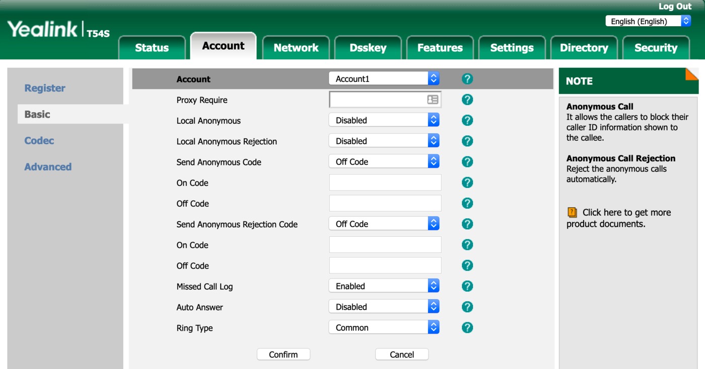 Yealink > Account > Basic