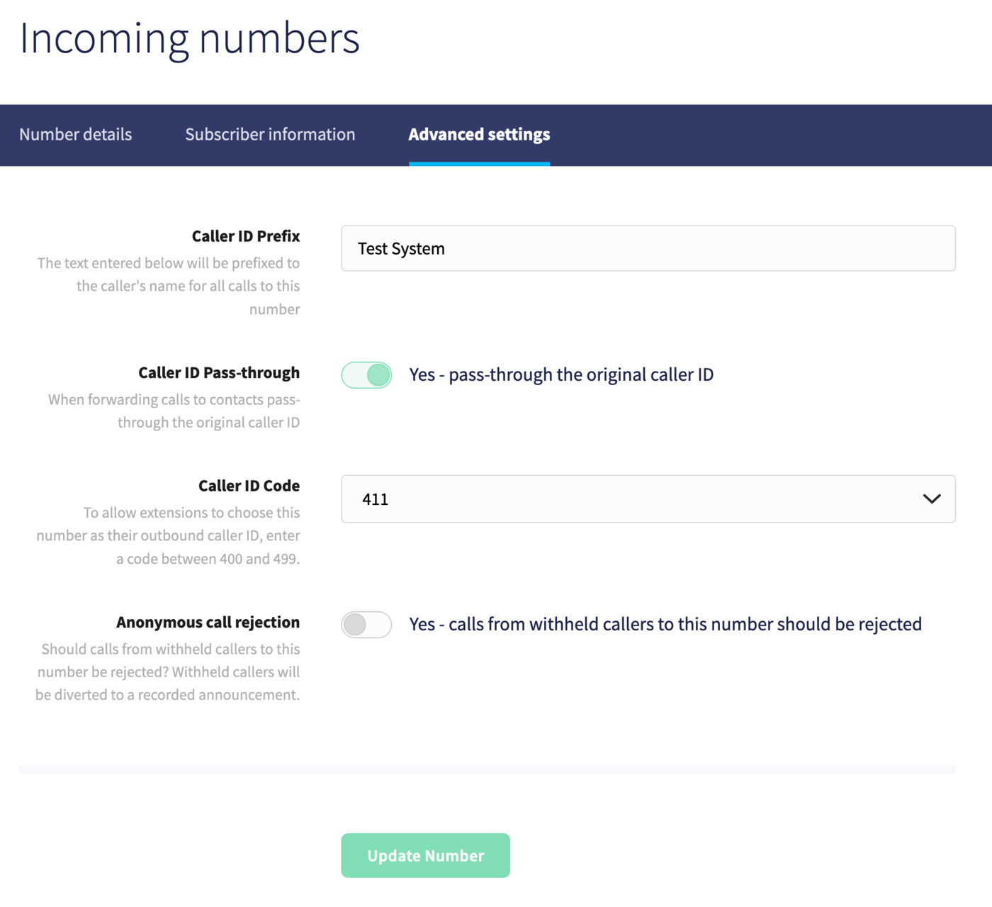 Edit number advanced settings